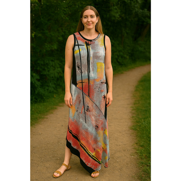 Rachel Roy jersey Asymmetrical handkerchief maxi dress abstract colorful Size-M - Picture 1 of 8